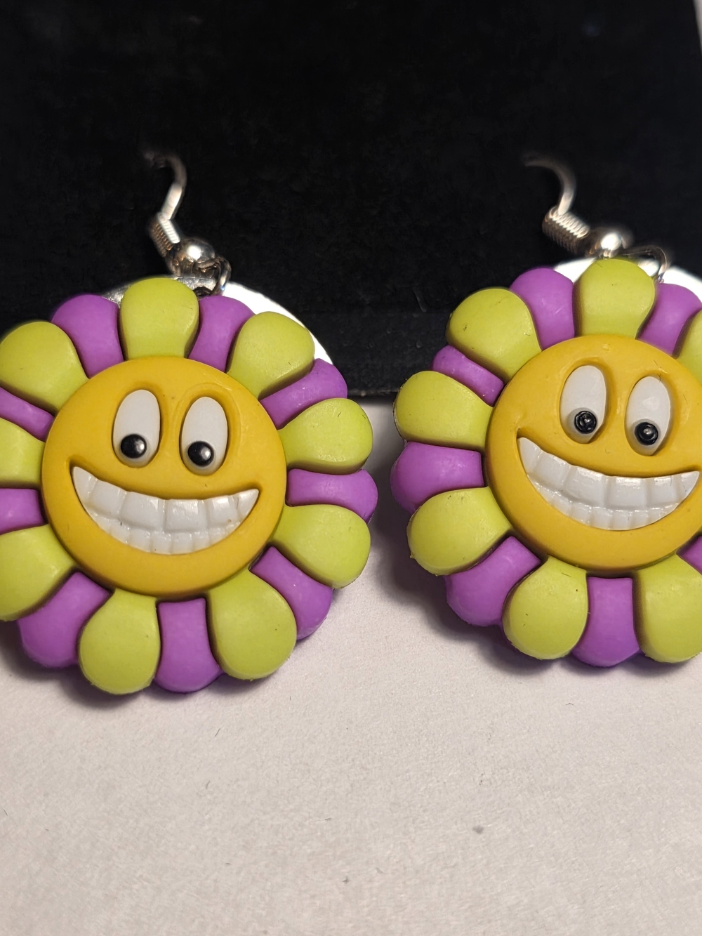 Smiley Flower Dangle Earrings in Yellow, Purple & Lime